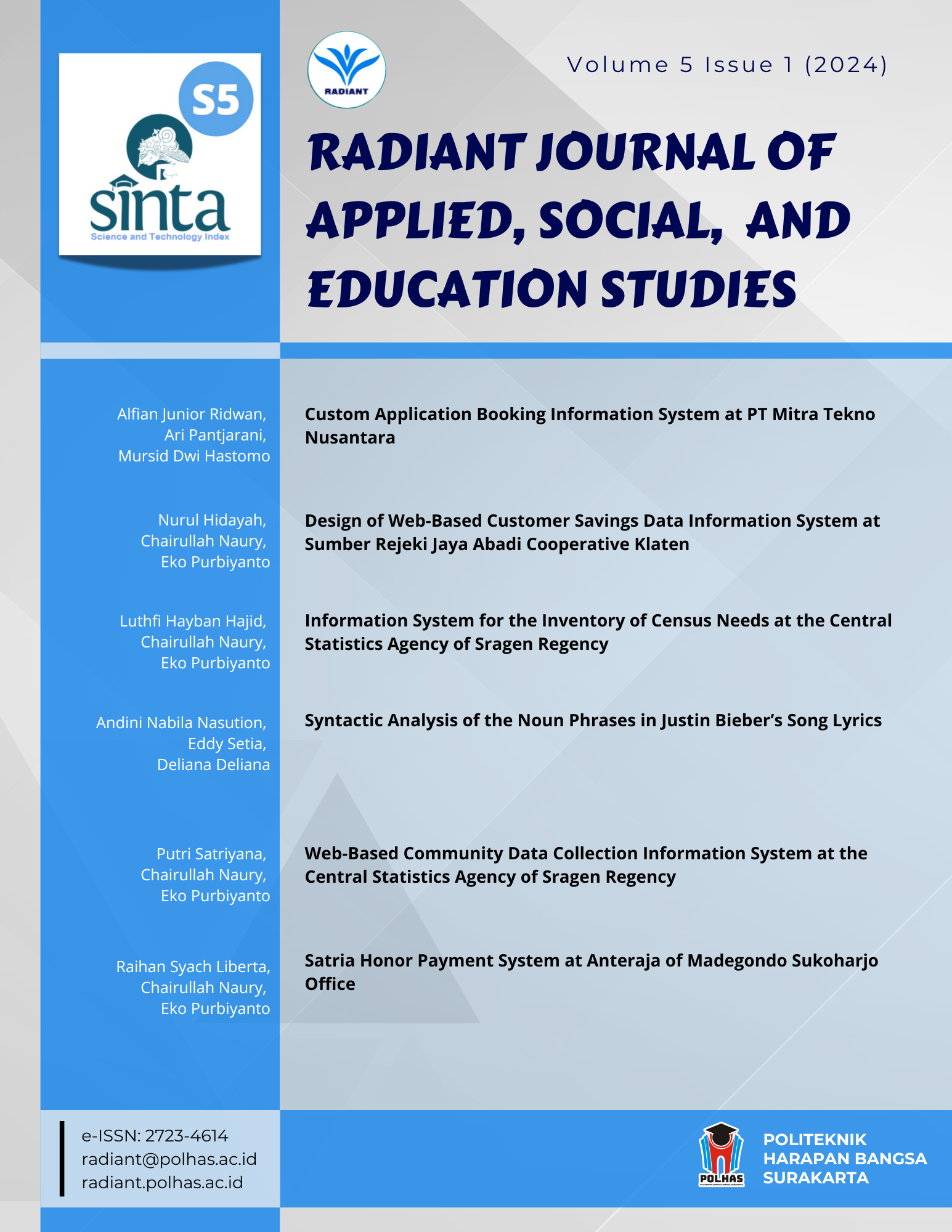View Vol. 5 No. 1 (2024): RADIANT: Journal of Applied, Social, and Education Studies